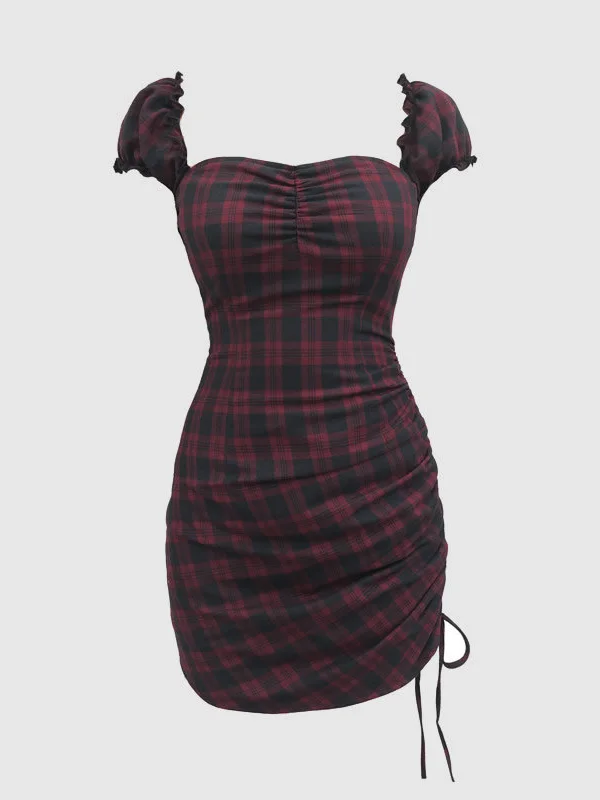 Dark Checkered Drawstring Square Collar Bodycon Dress