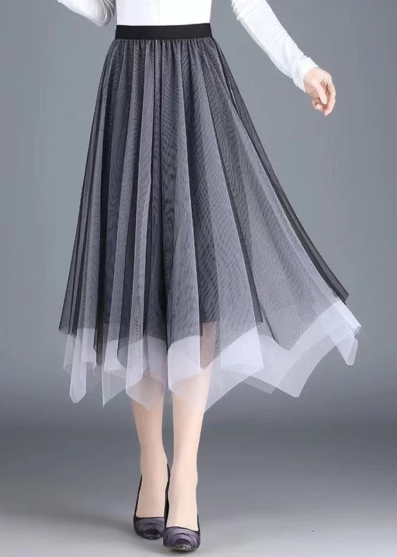 Women Black Grey Asymmetrical Wrinkled Tulle Skirt Spring