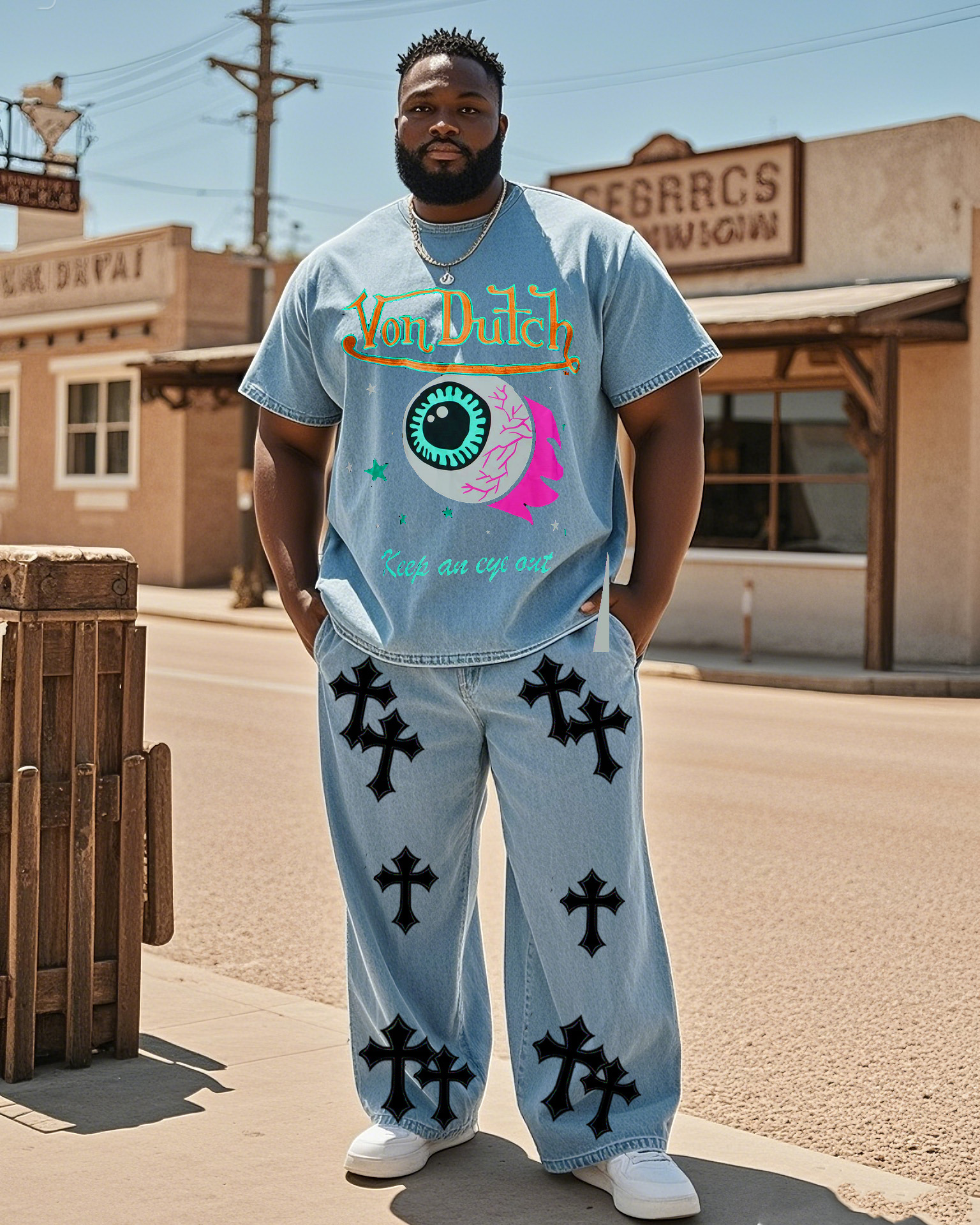 Plus Size Men Street Fashion Crucifix Sticker Art Hell's Eye Denim T-Shirt Pants Suit