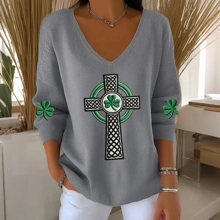 Women's St. Patrick's Day Print V-neck Knit Sweatshirt