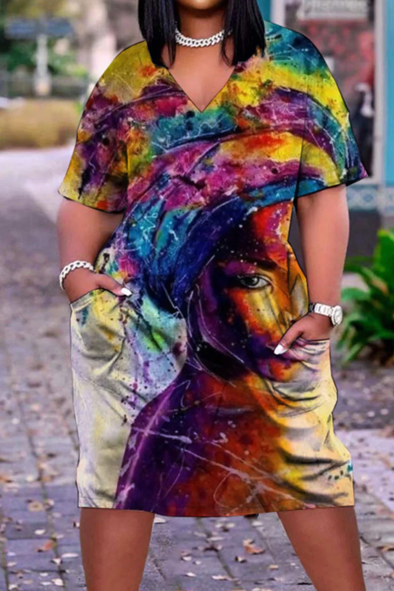 Colour Casual Street Print Patchwork V Neck Straight Dresses | EGEMISS