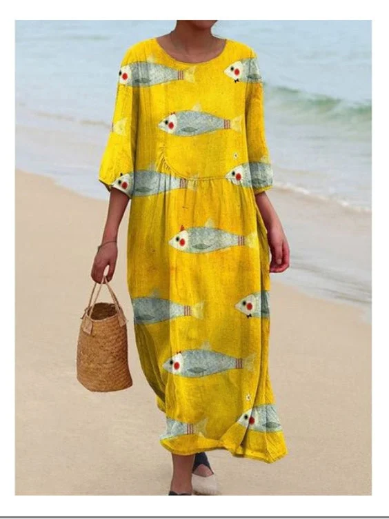 Women's 3/4 Sleeve Scoop Neck Graphic Printed Midi Dress