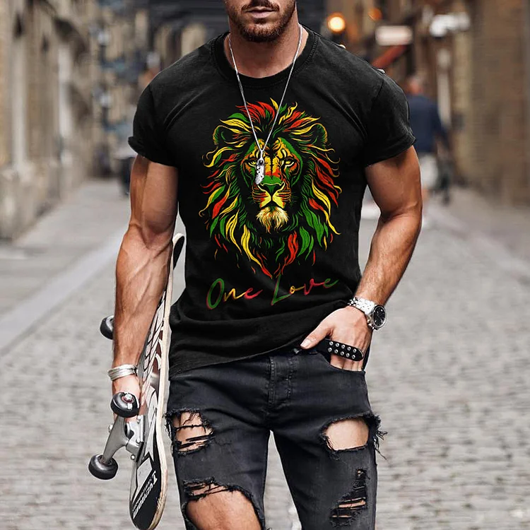 Wearshes ONE LOVE Lion Print Short Sleeved T-Shirt