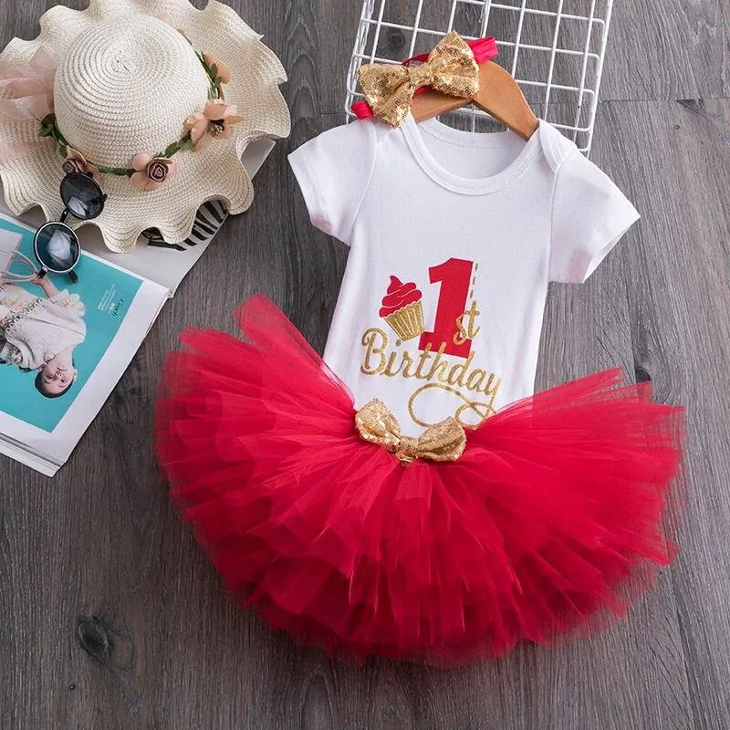 Flower Headband Short Sleeve Top and Tutu Dress Outfits 3pcs for 1 Year Baby Girls First Birthday Party Cotume Newborn Clothes