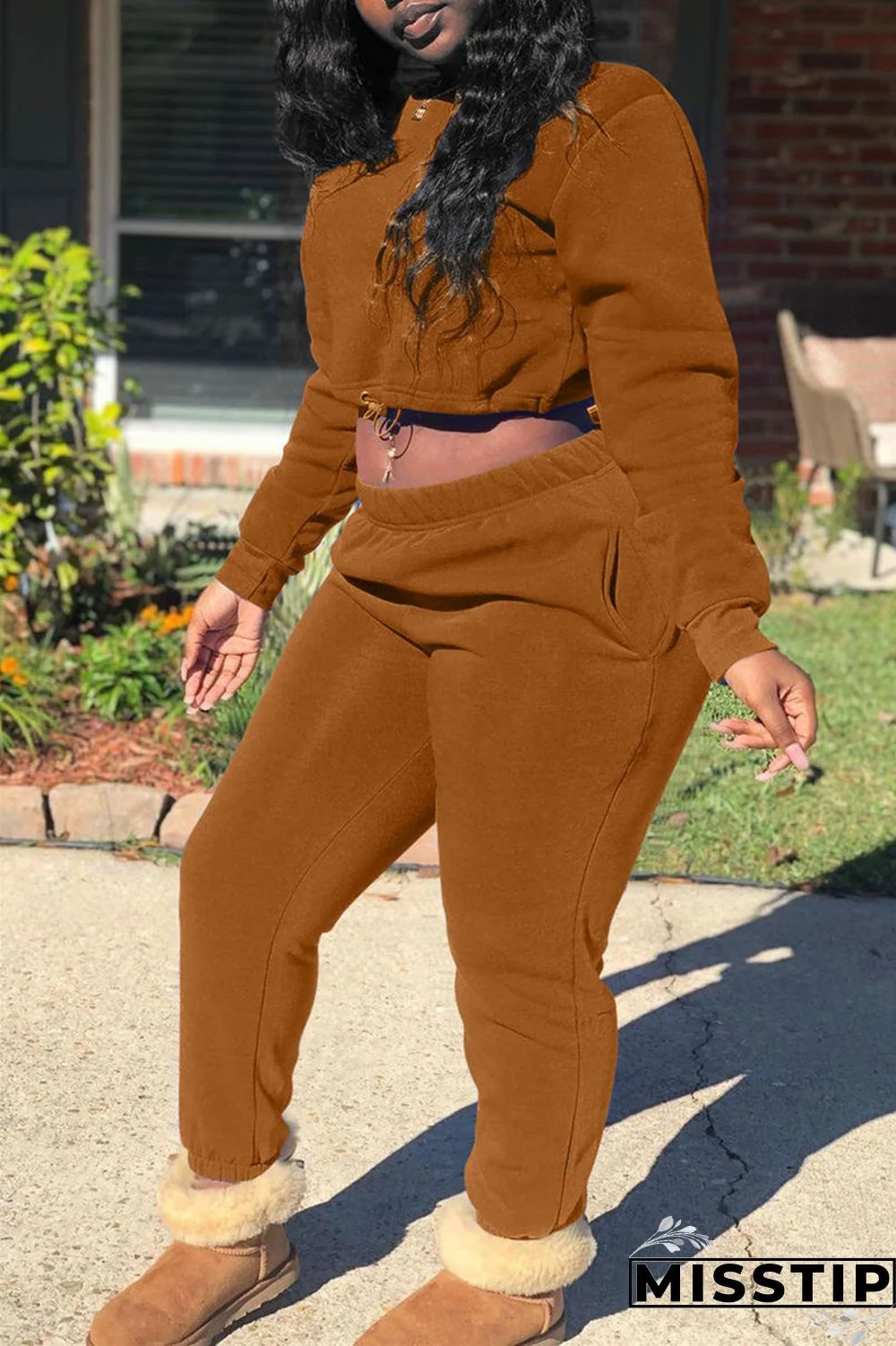 Coffee Fashion Casual Solid Basic O Neck Long Sleeve Two Pieces