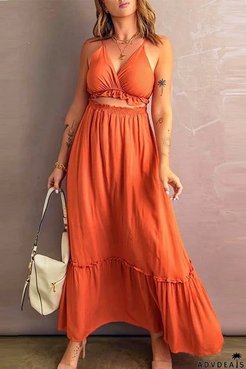 Ruffle Hem Cutout Slip Maxi Dress