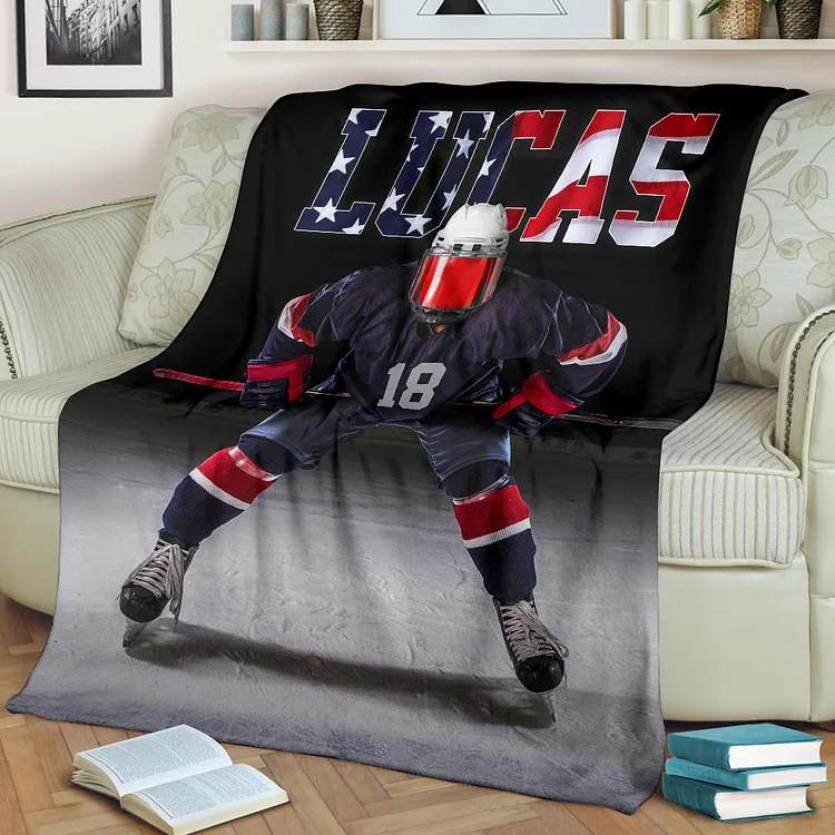Personalized Hockey Blanket, Ice Hockey Player Sherpa Fleece Blanket | BKKid552