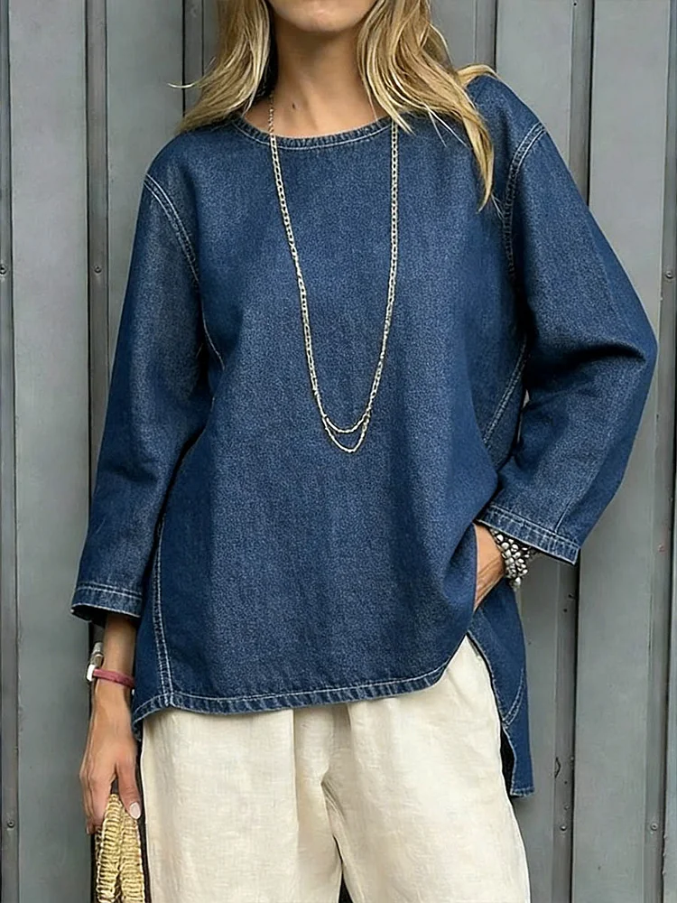 Women's Round Neck Long-sleeved Loose-fitting Simple Denim Top. socialshop