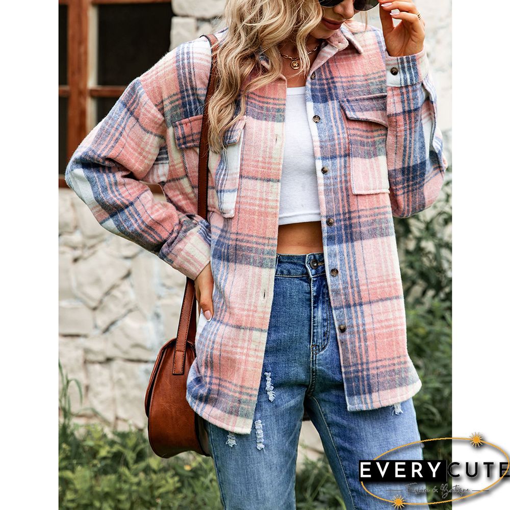 Pink Plaid Print Button Shacket with Pocket