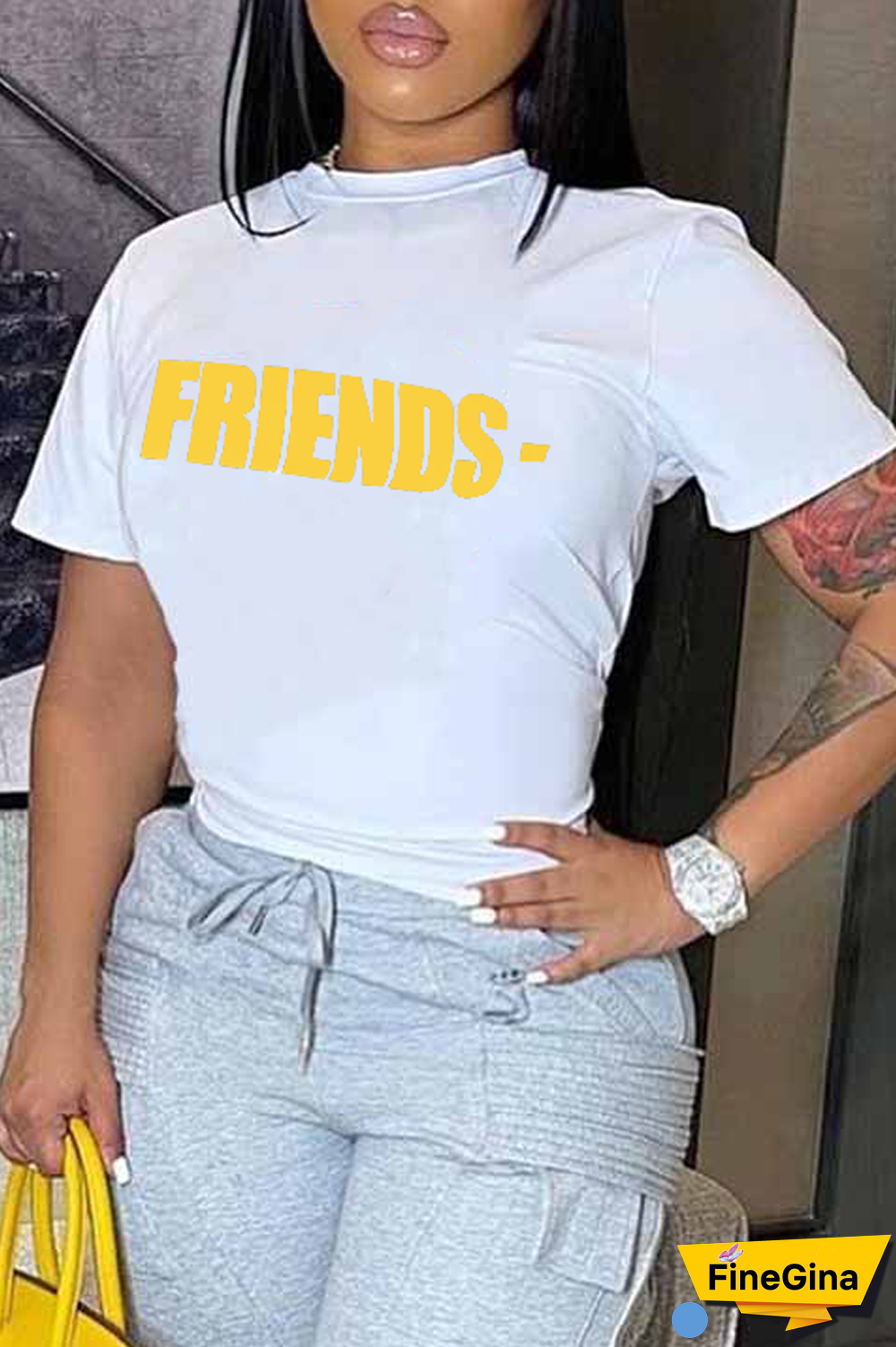 White Casual Street Print Patchwork Letter O Neck T-Shirts