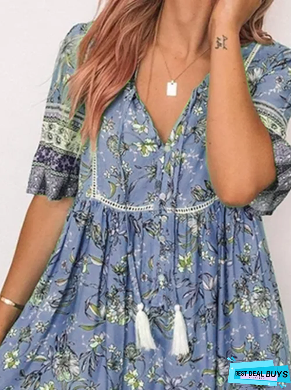 Boho A-Line V Neck Short Sleeve Weaving Dress