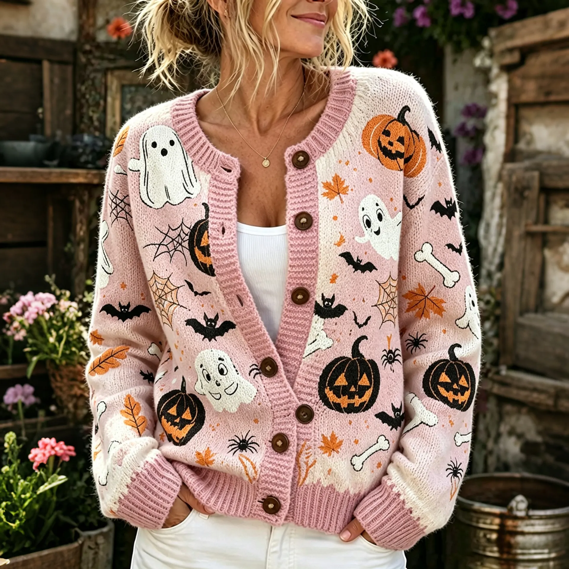 Comstylish Women's Pink Halloween Pumpkin Ghost Spider Web Bat Maple Leaf Print Crew Neck Cardigan