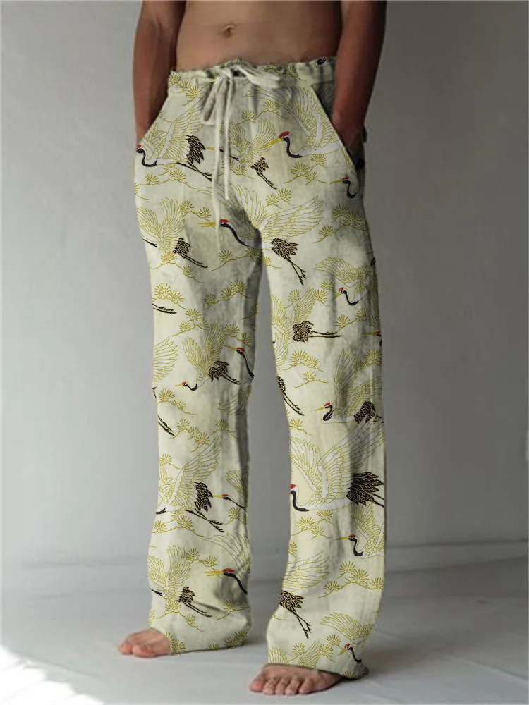 Cranes & Pine Trees Japanese Pattern Linen Blend Casual Pants