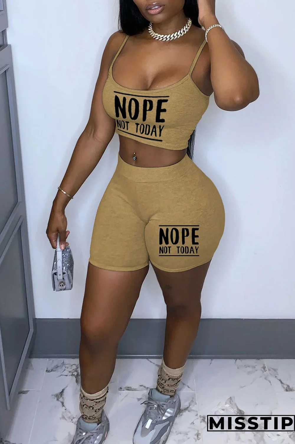 Khaki Sexy Print Patchwork Spaghetti Strap Sleeveless Two Pieces