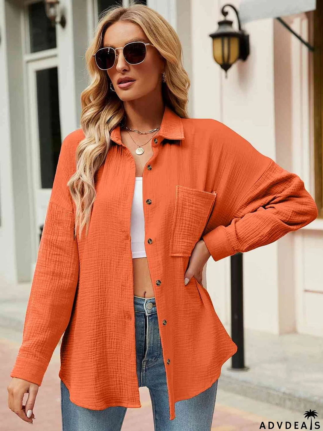 Button Up Collared Neck Drop Shoulder Shirt