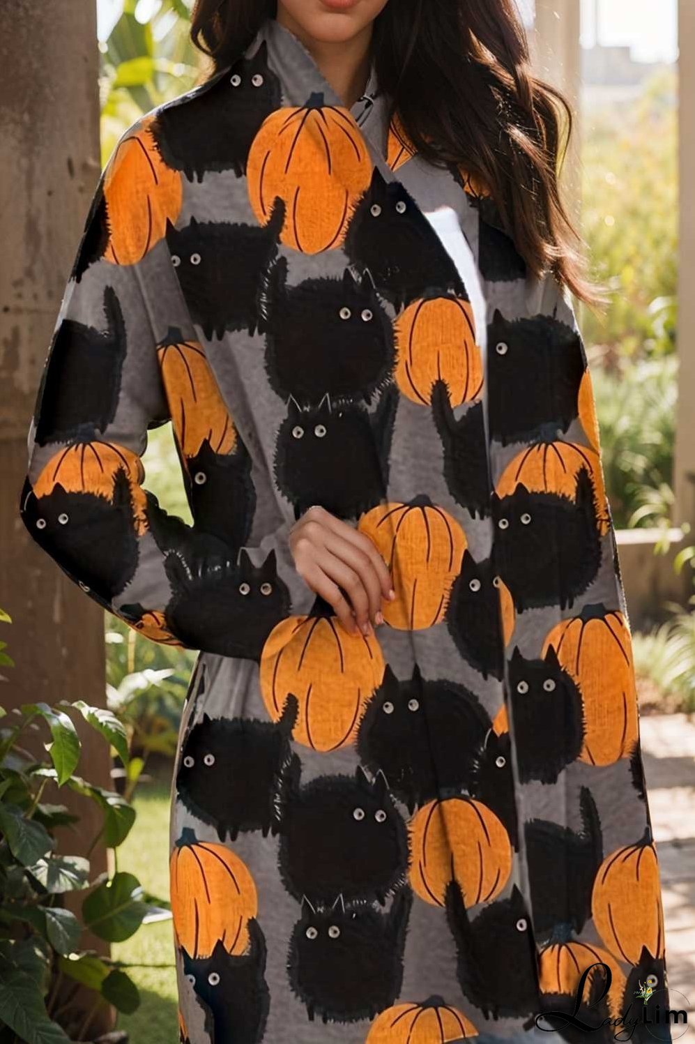 plus size halloween coat women s pus allover cat pumpkin print long sleeve open front medium stretch cardigan overcoat