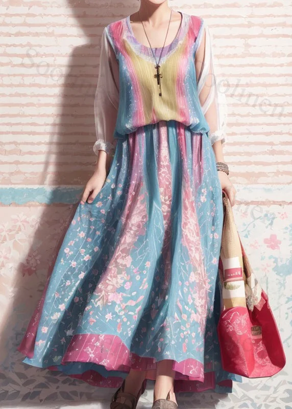 Bohemian Colorblock Print High Waist Silk Dresses Summer