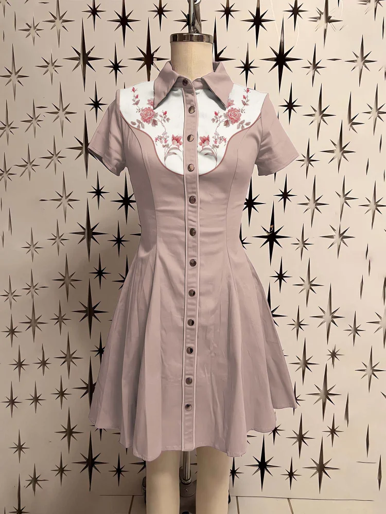 Western Pink Flower Printed Shirt Dress