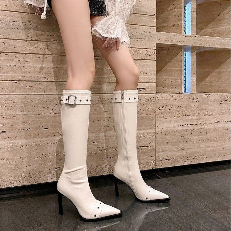 Yyvonne Pointed Thin And Metal Rivet Locomotive Walking Show Women's Boots Belt Buckle Large-Size Knight High And Fashion Boots