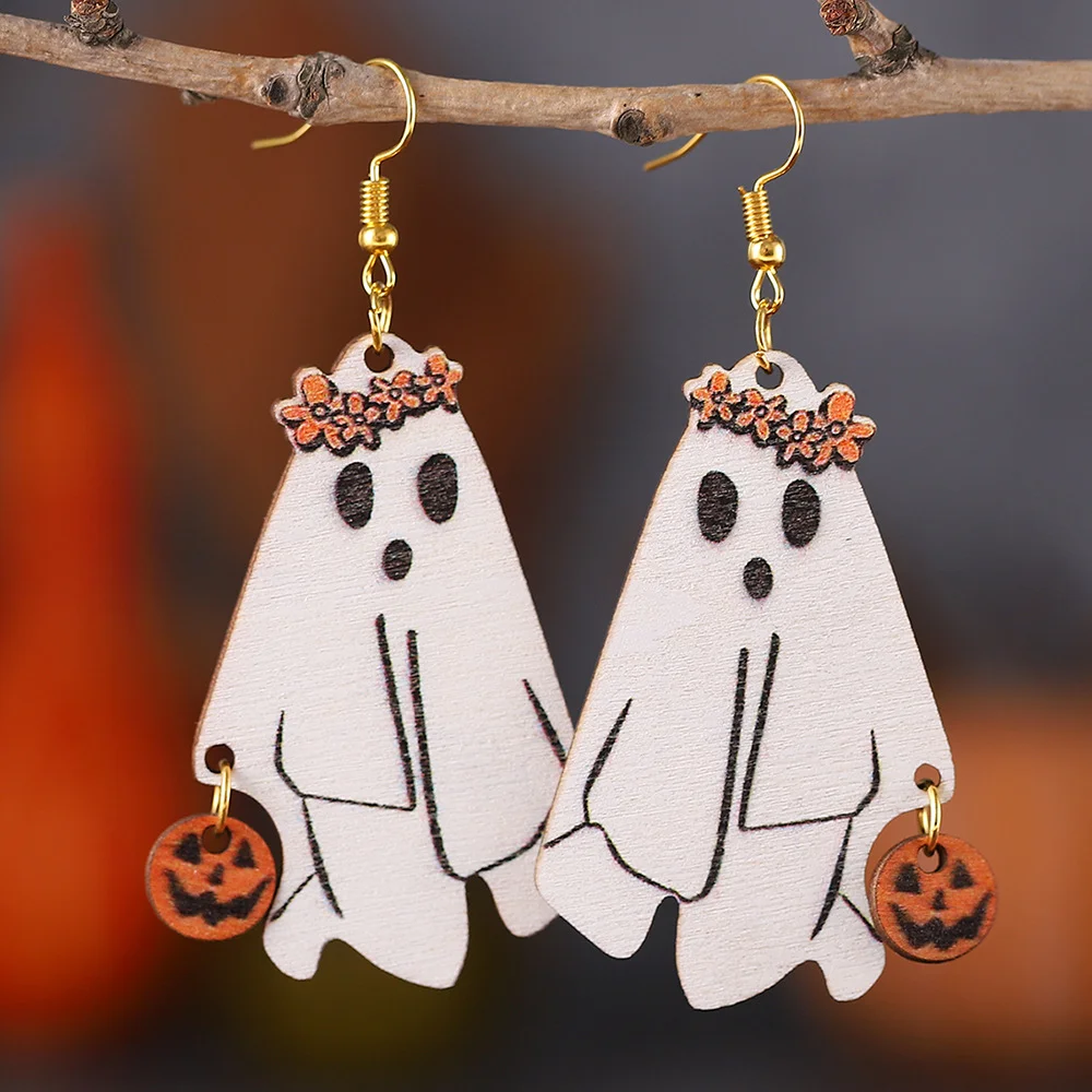 Wooden White Ghost Earrings