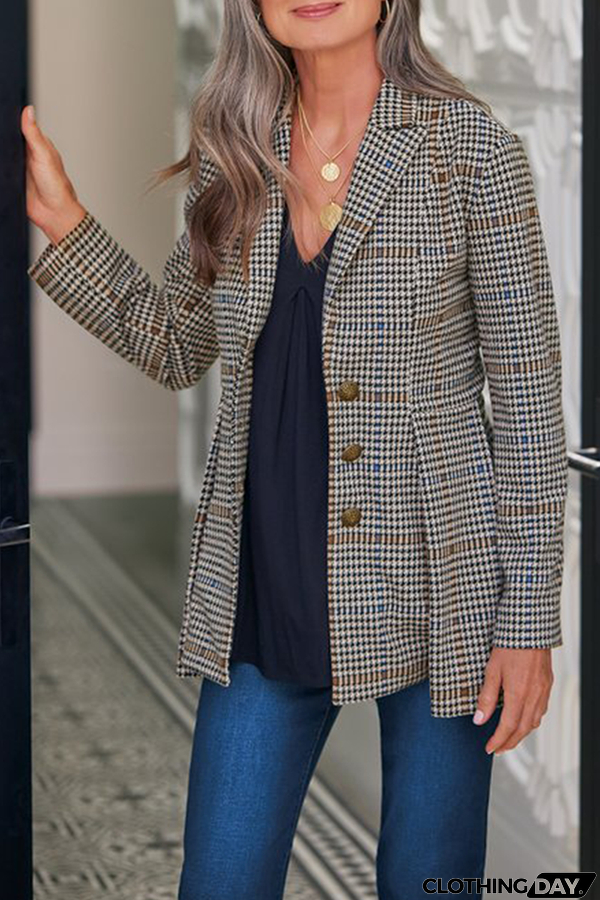 Elegant Plaid Patchwork Buckle Turn-back Collar Outerwear