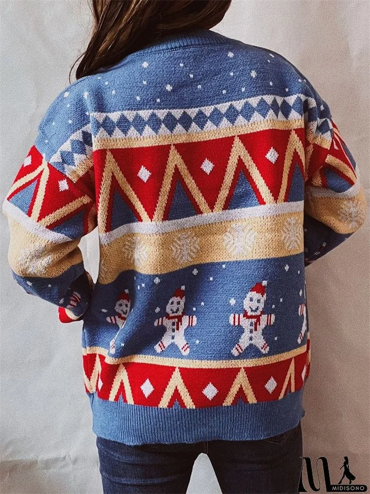 MidiSono - Winter Christmas Style Lovely Cartoon Snowman Print Pullover Wool Sweater for Women