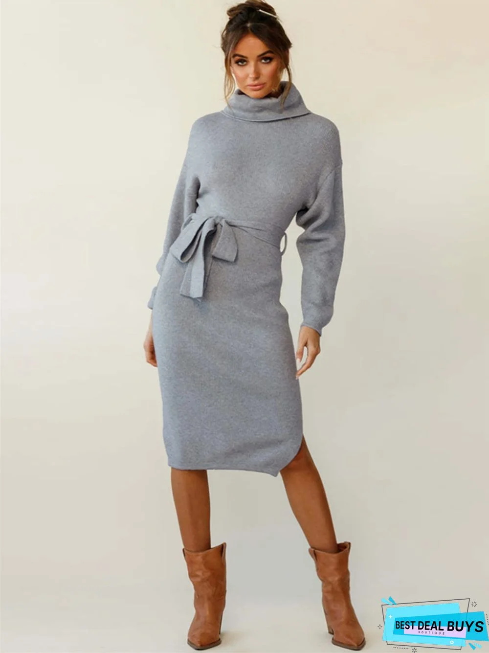Solid Color Long Sleeved Knit Turtleneck Dress