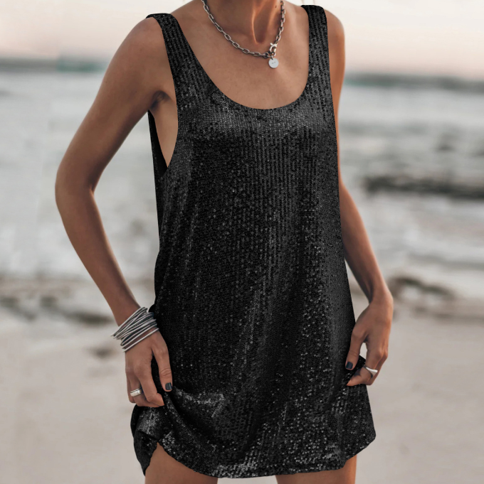 Summer Round Neck Vest Dress with Casual Sequins and Sexy Suspender Skirt for Women, Elegant Straight Tube Loose Dress