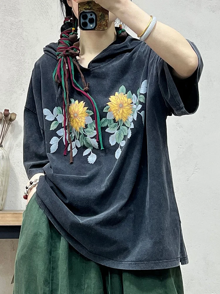 Women Casual Flower Summer Split Hem Hooded Shirt