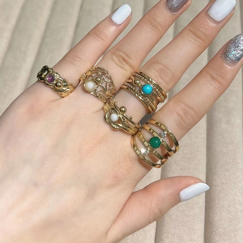 304 Stainless Steel 18K Gold Plated Baroque Style Plating Inlay Solid Color Natural Stone Open Rings