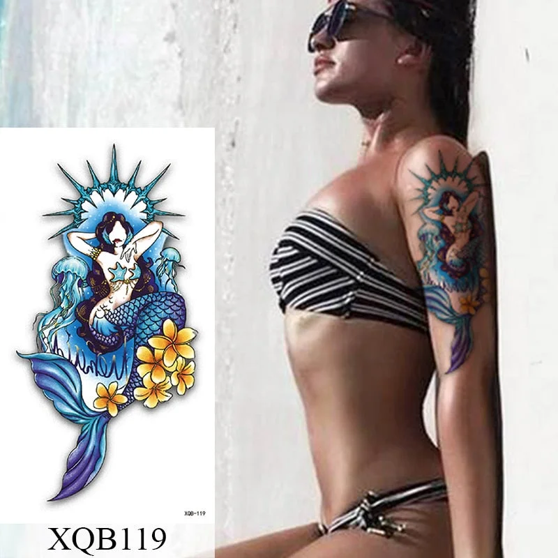 Waterproof Temporary Tattoo Sticker Old School Mermaid Flash Rose Tattoos Body Art Arm Fake Tatoo Women Men