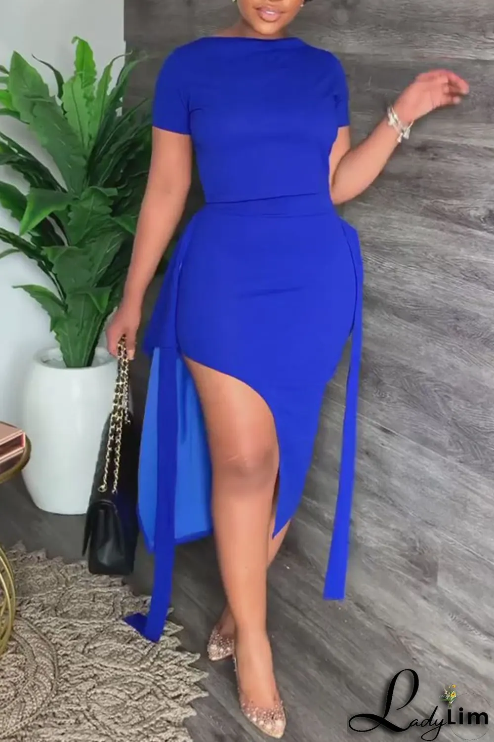 Black Celebrities Solid Bandage Patchwork Slit O Neck Short Sleeve Two Pieces