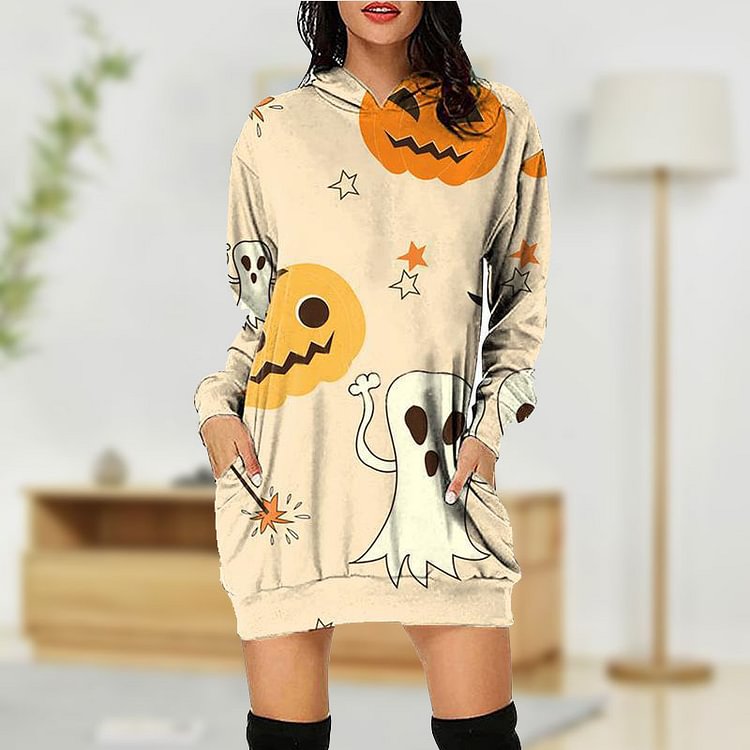 Pumpkin Gost Pattern Print Drop Shoulder Women Sweatshirt Dress