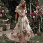 Women's Rose Embroidery Art V-neck Short Sleeve Maxi Dress - Image 2