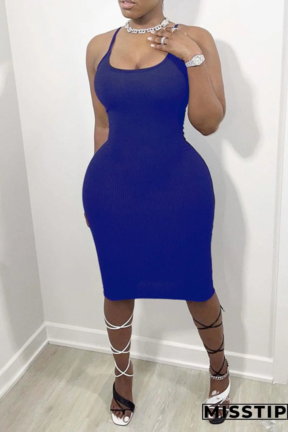 Deep Blue Sexy Casual Solid Backless U Neck Sling Dress