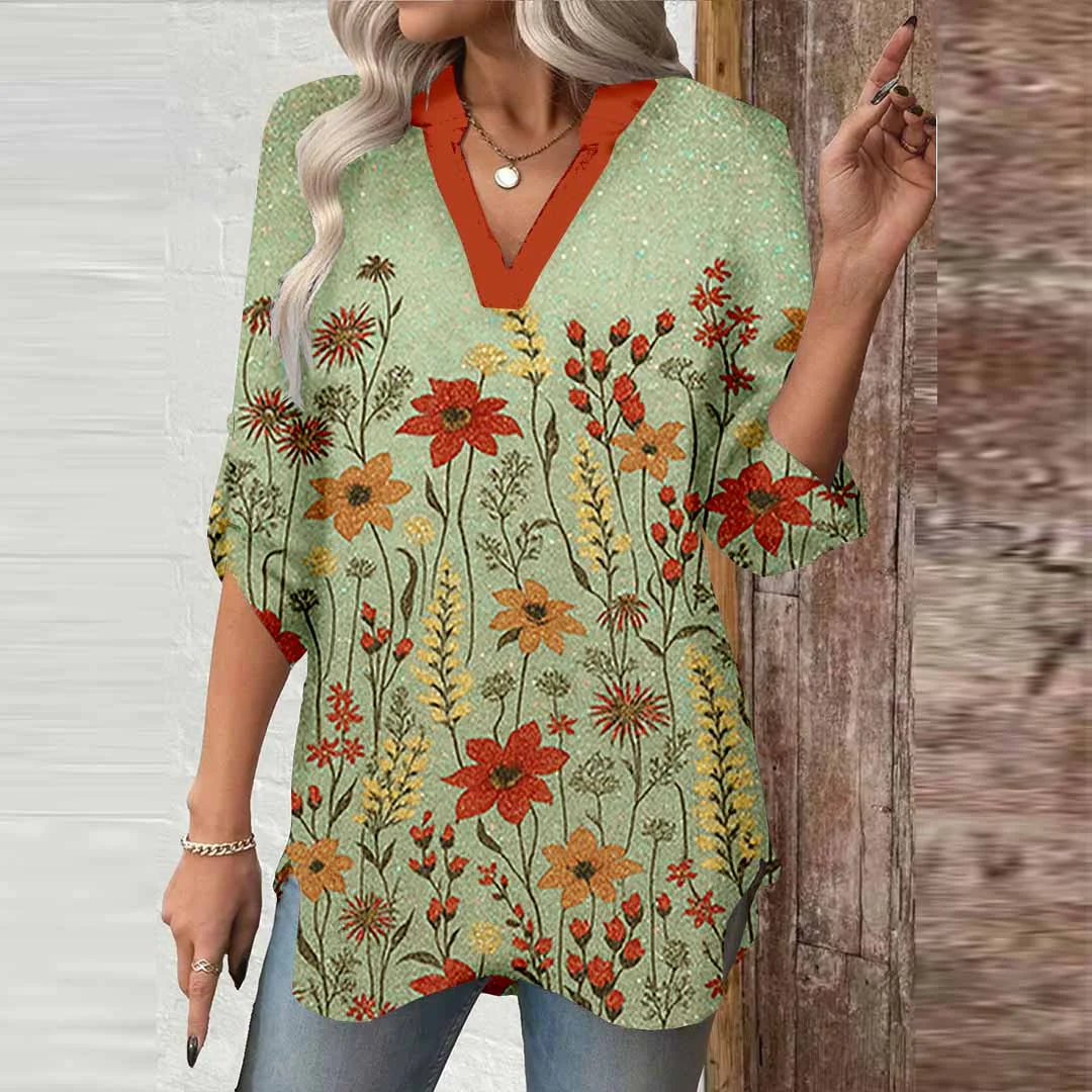Women Glitter,Floral,Green DZGA0005 3/4 Sleeve V-neck Printed Graphic Button Tops