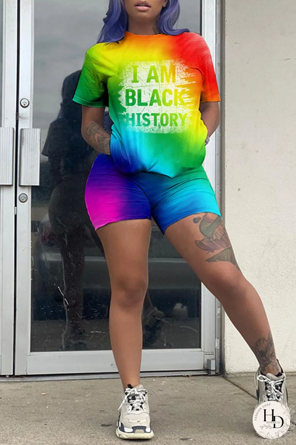 Multicolor Fashion Casual Gradual Change Letter Print Basic O Neck Short Sleeve Two Pieces