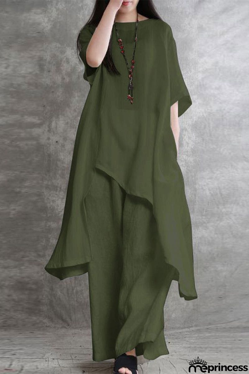 Casual Solid Pocket Asymmetrical O Neck Two Pieces