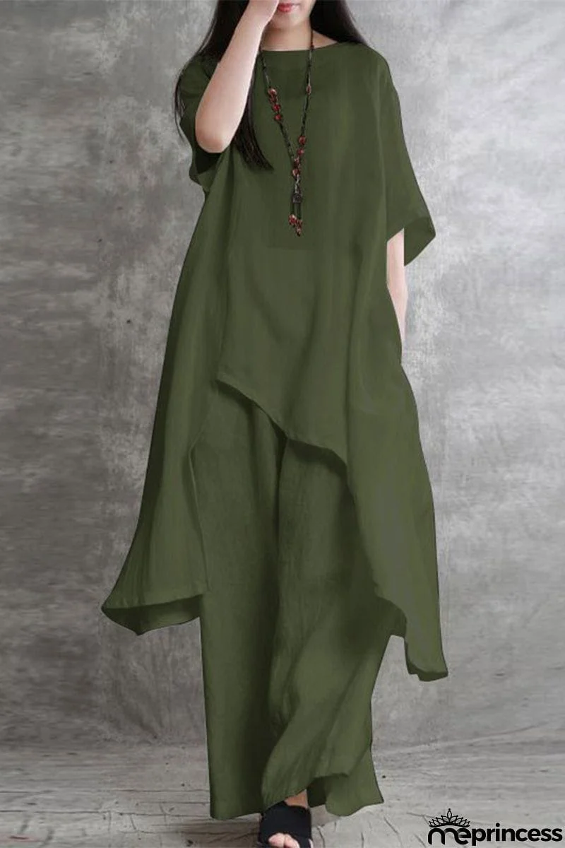 Casual Solid Pocket Asymmetrical O Neck Two Pieces