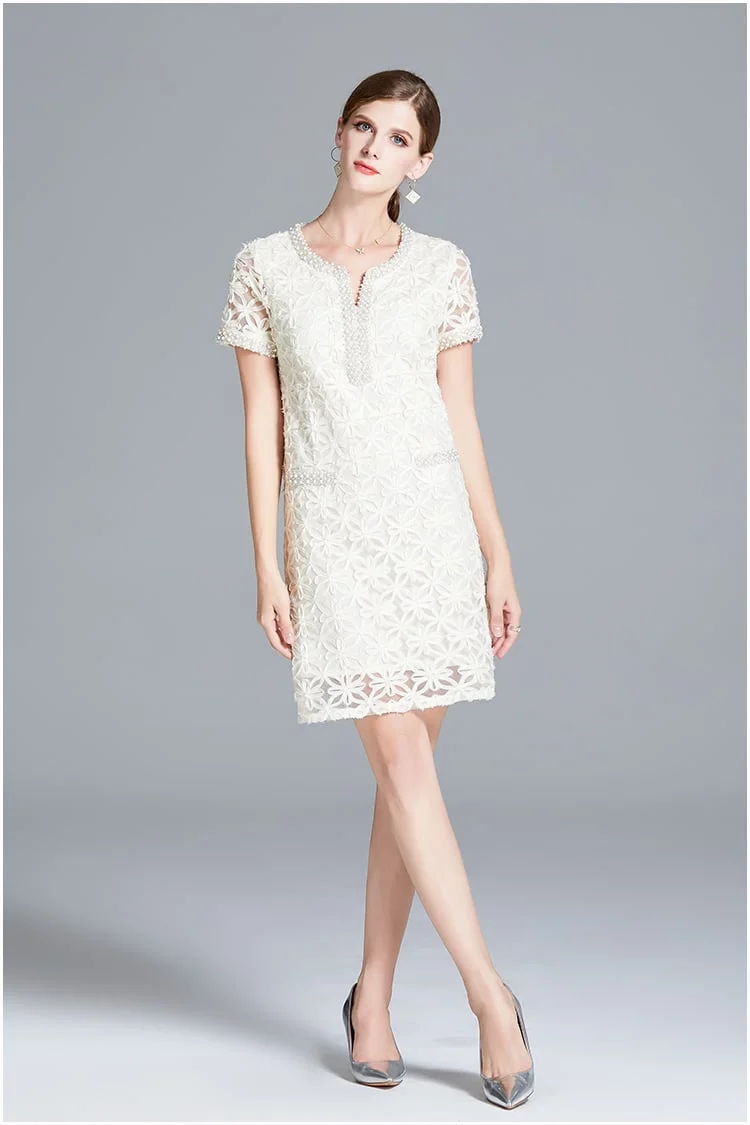 Refreshing summer lace slim dress temperament waist hollow short sleeve French sequin skirt 