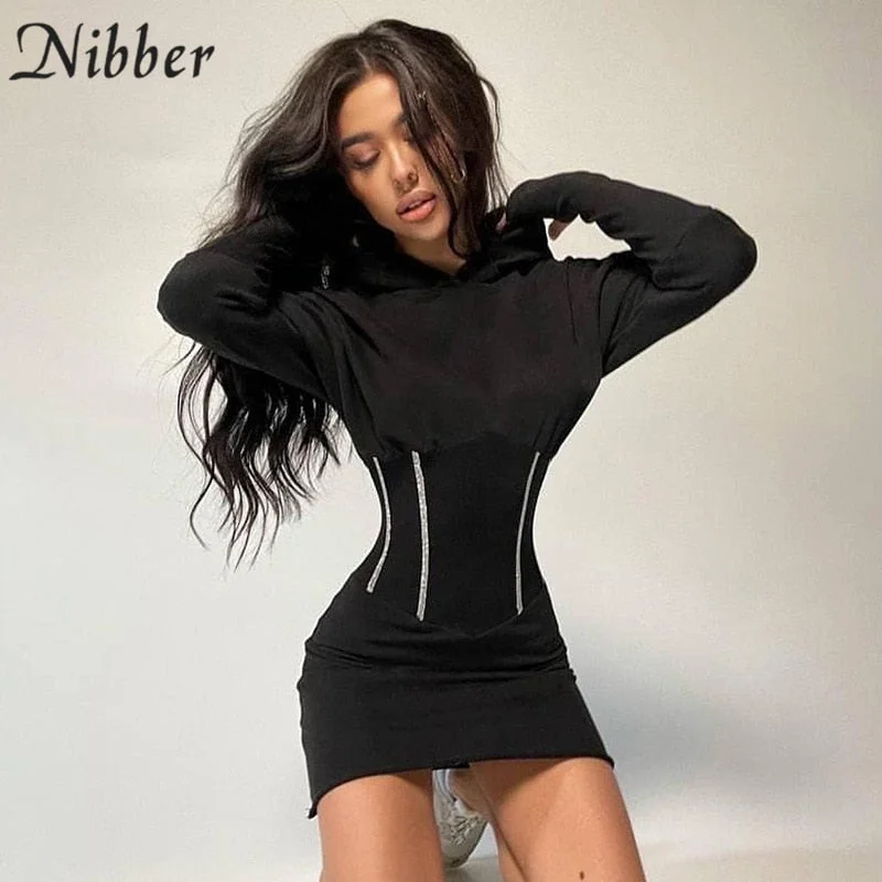 Nibber Fashion Casual Solid Color Hooded Mini Dress Street Style For Women Going Out Wear Leisure Party Club Sports Clothes New
