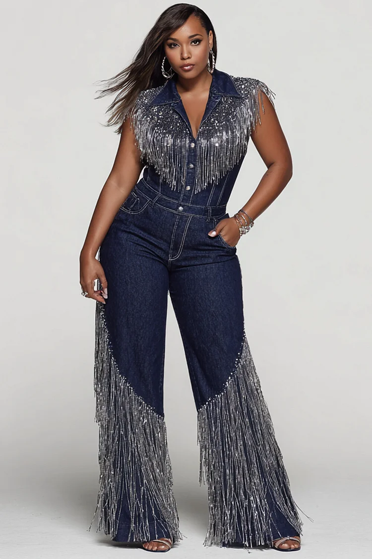 Xpluswear Design Plus Size Party Blue Shirt Collar Strappy Pocket Tencel Denim Jumpsuits [Pre-Order] 2024 - Xpluswear