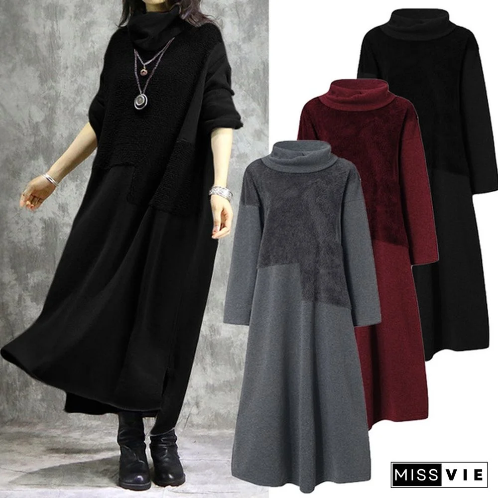 S-5XL Winter Women Long Sweatshirt Dress Cowl Neck Front Flufly Patchwork Solid Color Woolen Dress Sweatshirt Kleid