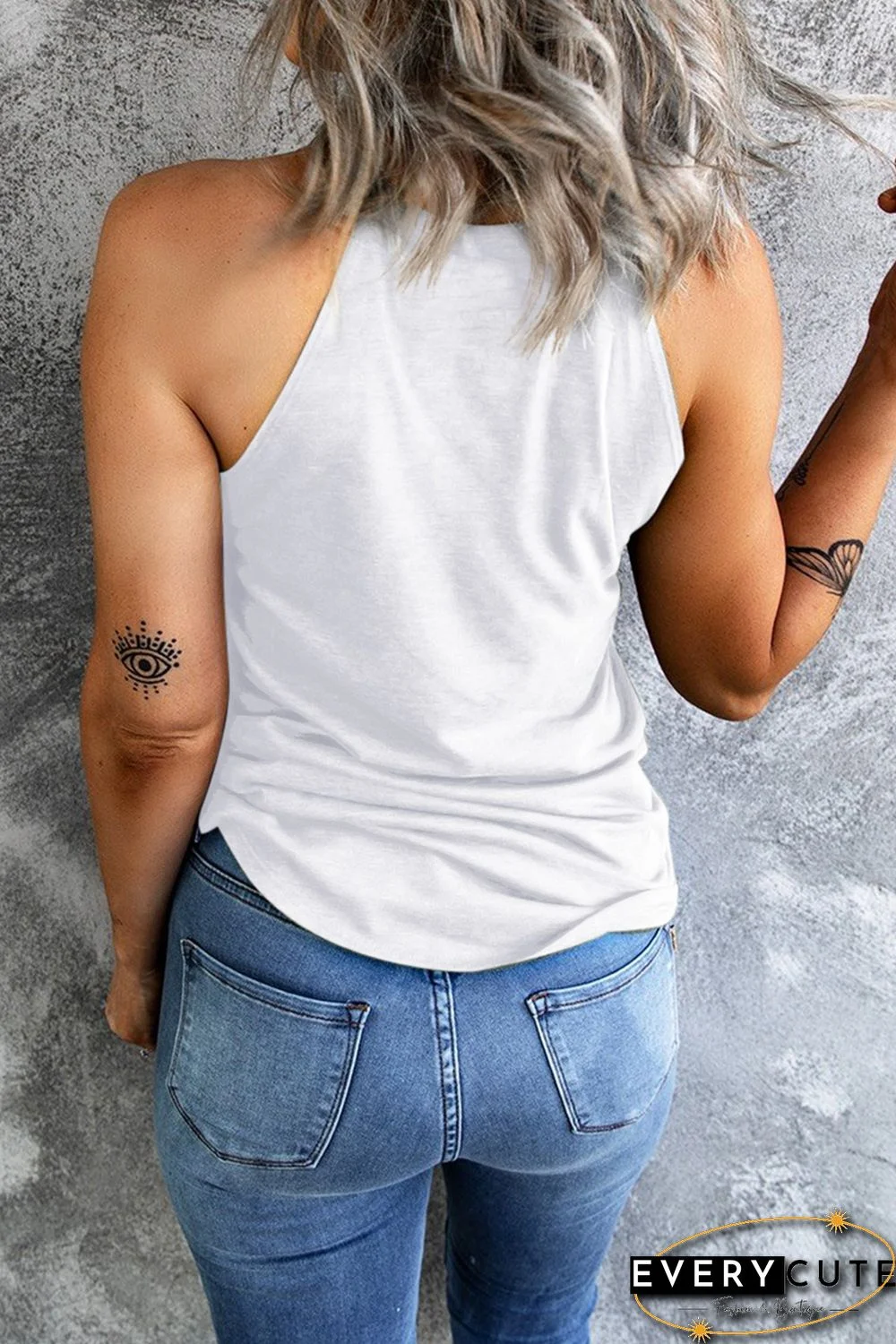 White Palm Leave Graphic Print Slim Fit Halter Tank Top