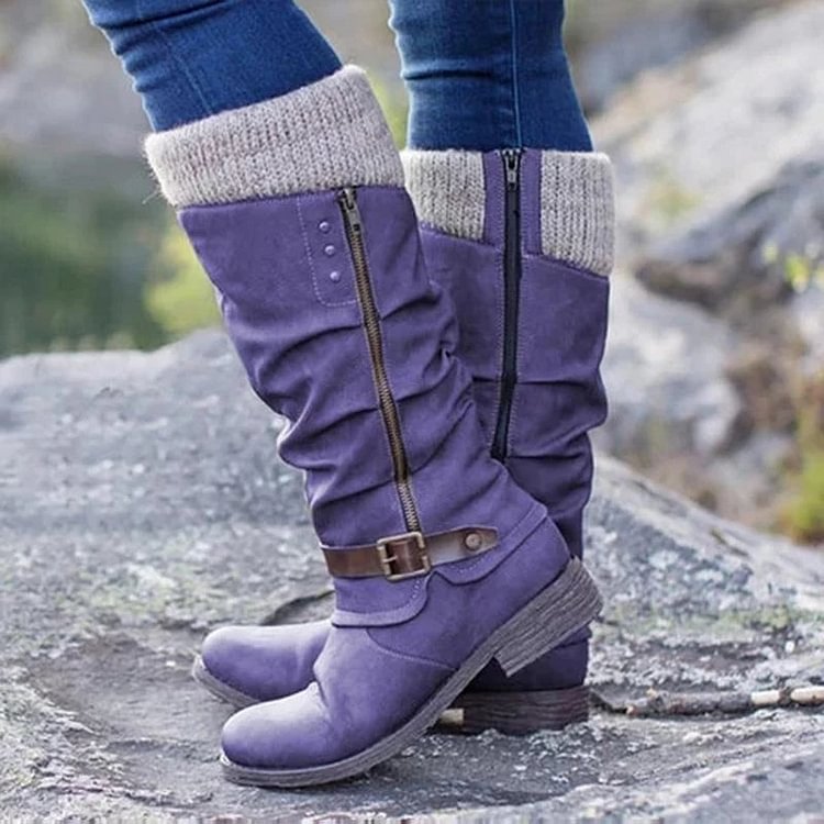 Casual Purple Thick Heel Side Zipper Wool Split Joint Boots