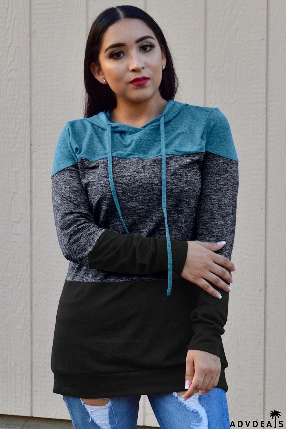 Sky Blue Black Color Block Long Sleeve Pullover Knit Hoodie