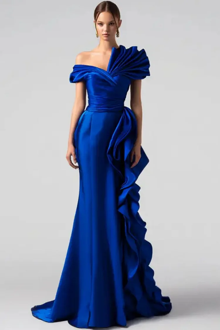 One Shoulder Asymmetric Ruffle Mermaid Maxi Dress-Royal Blue [Custom-Made]