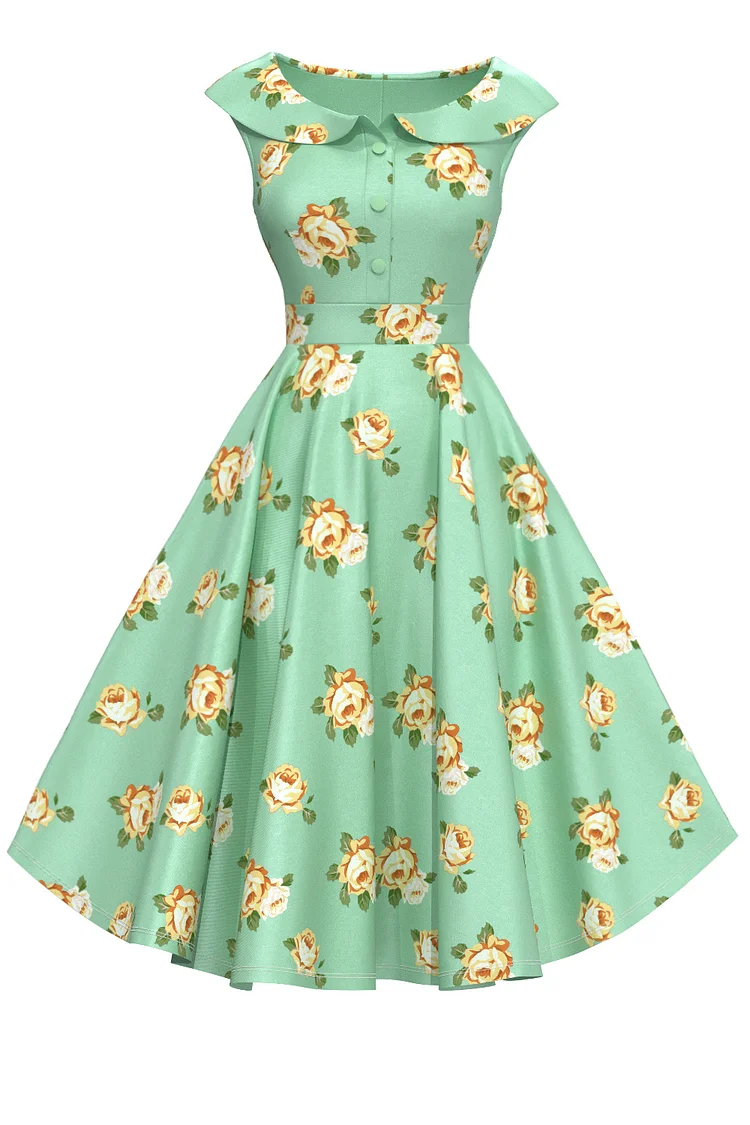 1950s Green Casual Satin Doll Collar Single-breasted Rose Print Flare Swing Midi Dress [In Stock]
