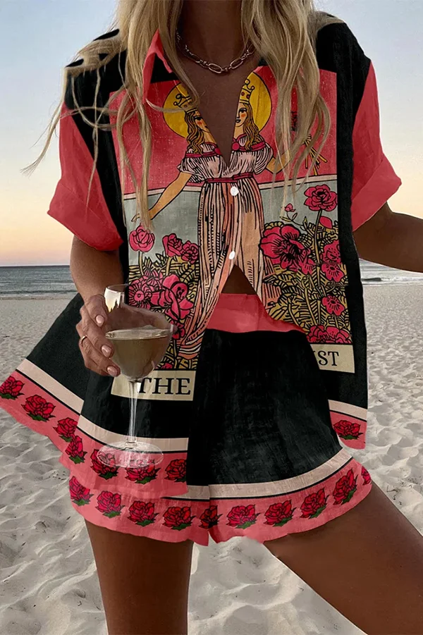 Tarot Print Loose Button Elastic Waist Shorts Set