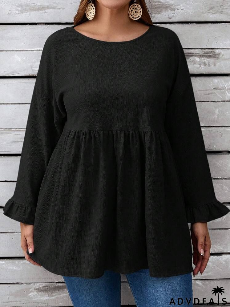 Plus Size Women's Spring/Summer Solid Color Round Neck Long Sleeve Loose Cute Blouse